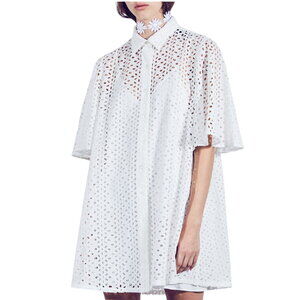 Les Reveries 2 Womens White Eyelet Cotton Mini Shirt Dress Petal Sleeves Lined